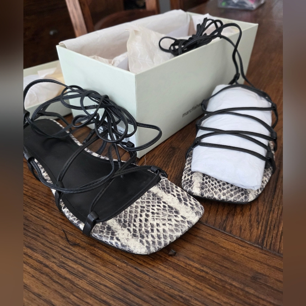 NWT Marc Fisher Mahalia Black and Snake Print Strappy Sandals